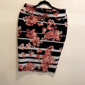 Black, white and pink floral midi skirt